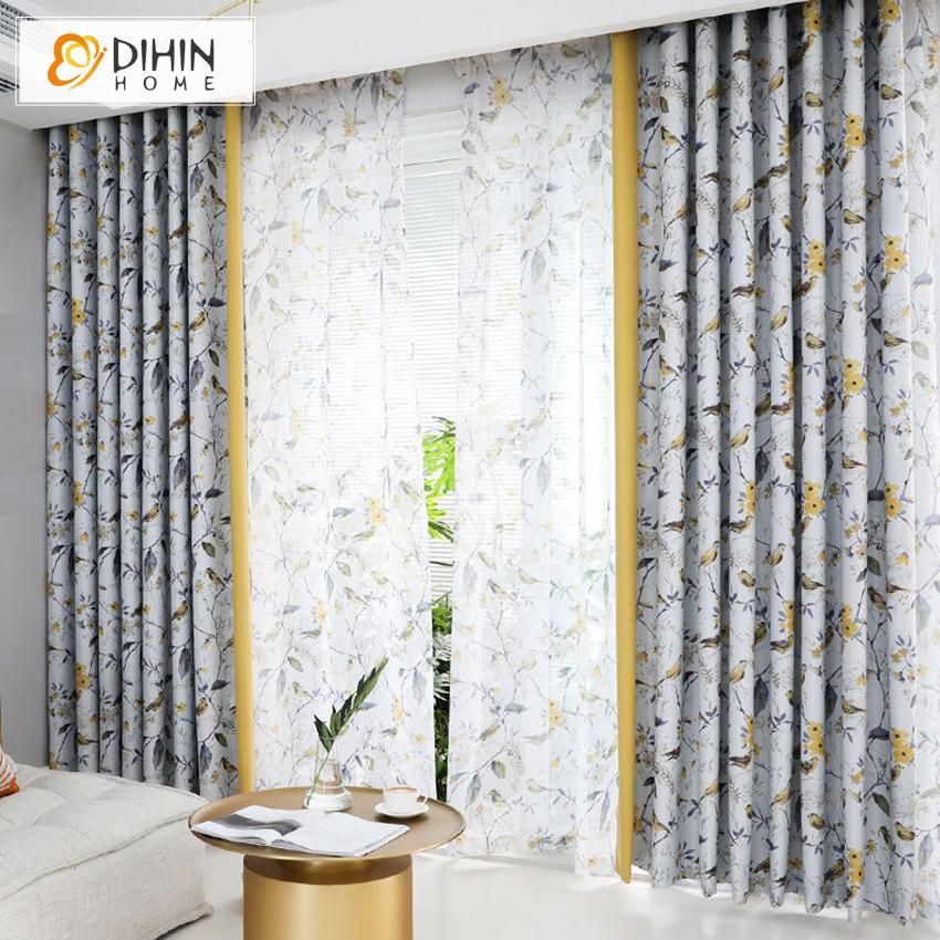 DIHIN HOME Pastoral Bird and Tree Printed,Blackout Grommet Window Curtain for Living Room ,52x63-inch,1 Panel
