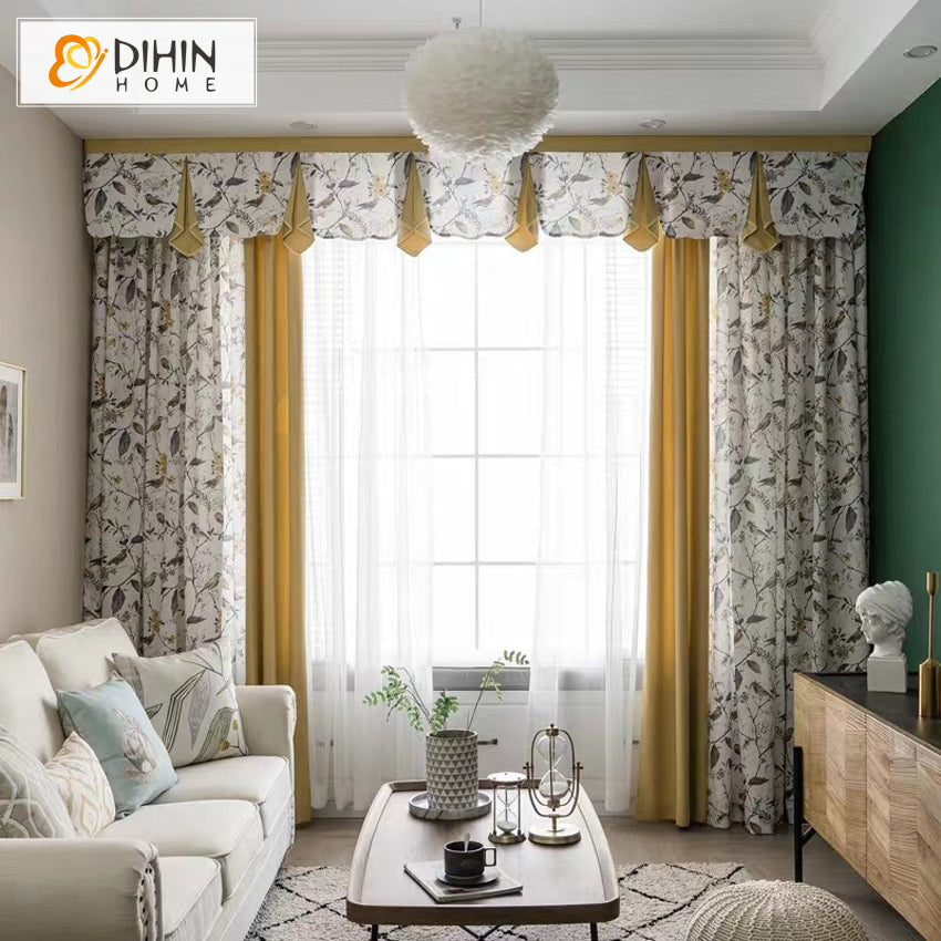 DIHIN HOME Pastoral Bird and Tree Printed Valance,Blackout Curtains Grommet Window Curtain for Living Room ,52x84-inch,1 Panel