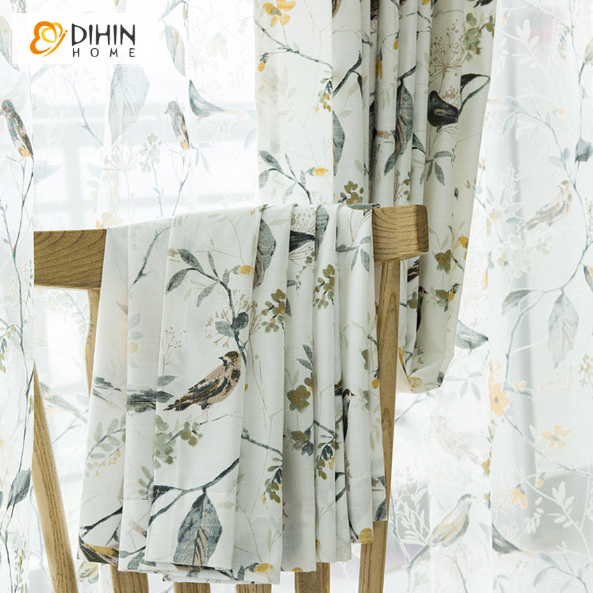 DIHINHOME Home Textile Pastoral Curtain DIHIN HOME Pastoral Bird Printed,Blackout Grommet Window Curtain for Living Room ,52x63-inch,1 Panel