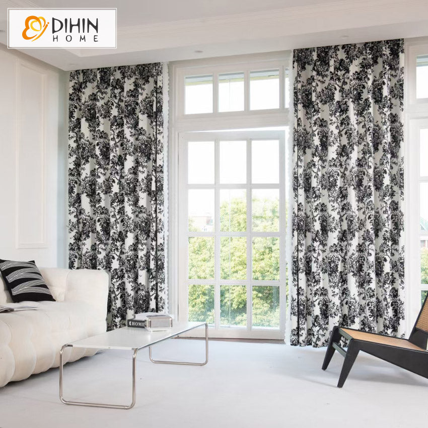 DIHINHOME Home Textile Pastoral Curtain DIHIN HOME Pastoral Black Pattern Printed,Blackout Grommet Window Curtain for Living Room ,52x63-inch,1 Panel