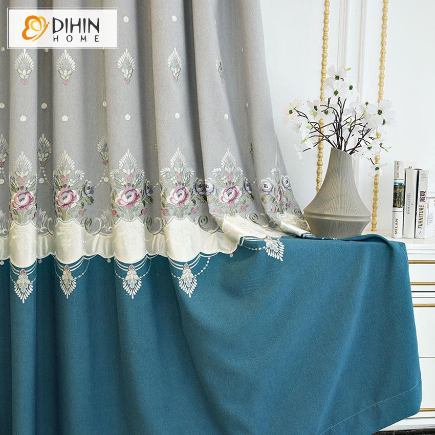 DIHIN HOME Pastoral Blue and Grey Embroidered Curtain Luxury Valance ,Blackout Curtains Grommet Window Curtain for Living Room ,52x84-inch,1 Panel
