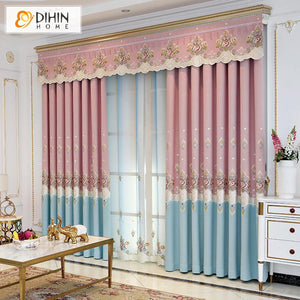 DIHIN HOME Pastoral Blue and Pink Embroidered Curtain Luxury Valance ,Blackout Curtains Grommet Window Curtain for Living Room ,52x84-inch,1 Panel