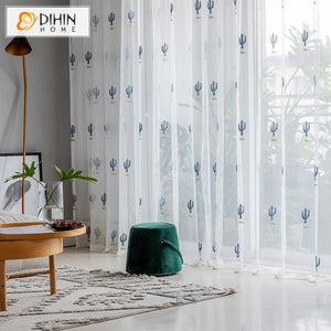 DIHIN HOME Pastoral Blue Cactus Embroidered ,Blackout Grommet Window Curtain for Living Room ,52x63-inch,1 Panel