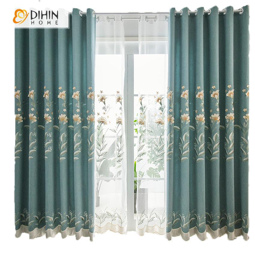 DIHIN HOME Pastoral Blue Color Cotton Linen Embroidered Curtain,Blackout Curtains Grommet Window Curtain for Living Room ,52x84-inch,1 Panel