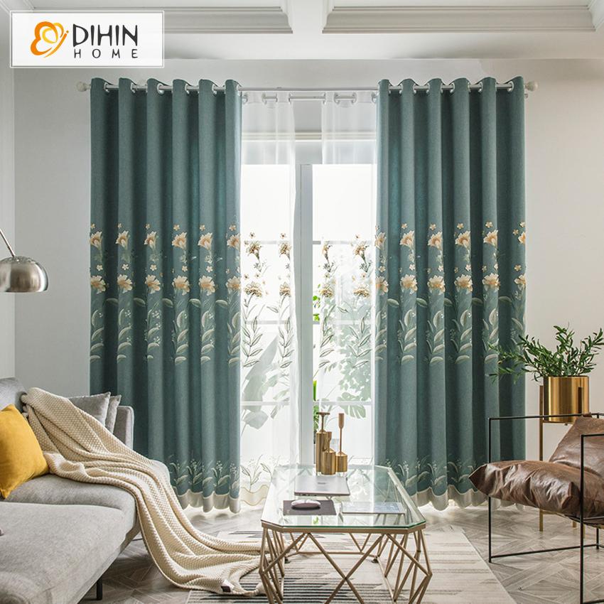 DIHIN HOME Pastoral Blue Color Cotton Linen Embroidered Curtain,Blackout Curtains Grommet Window Curtain for Living Room ,52x84-inch,1 Panel