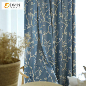 DIHIN HOME Pastoral Blue Color Double Sides White Twig Printed,Blackout Curtains Grommet Window Curtain for Living Room ,52x63-inch,1 Panel