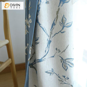 DIHIN HOME Pastoral Blue Color Double Sides White Twig Printed,Blackout Curtains Grommet Window Curtain for Living Room ,52x63-inch,1 Panel