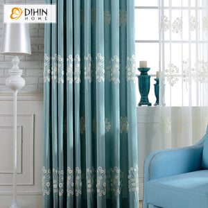 DIHINHOME Home Textile Pastoral Curtain DIHIN HOME Pastoral Blue Color Embroidered Curtains,Grommet Window Curtain for Living Room ,52x63-inch,1 Panel