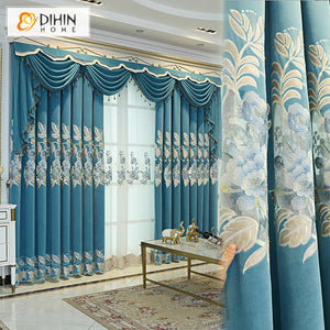 DIHIN HOME Pastoral Blue Color Embroidered Valance,Blackout Curtains Grommet Window Curtain for Living Room ,52x84-inch,1 Panel
