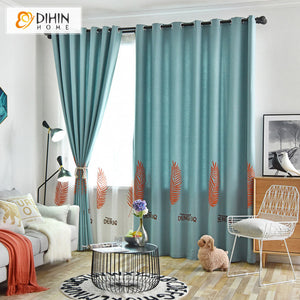 DIHIN HOME Pastoral Blue Color Leaves Embroidered,Blackout Curtains Grommet Window Curtain for Living Room ,52x63-inch,1 Panel
