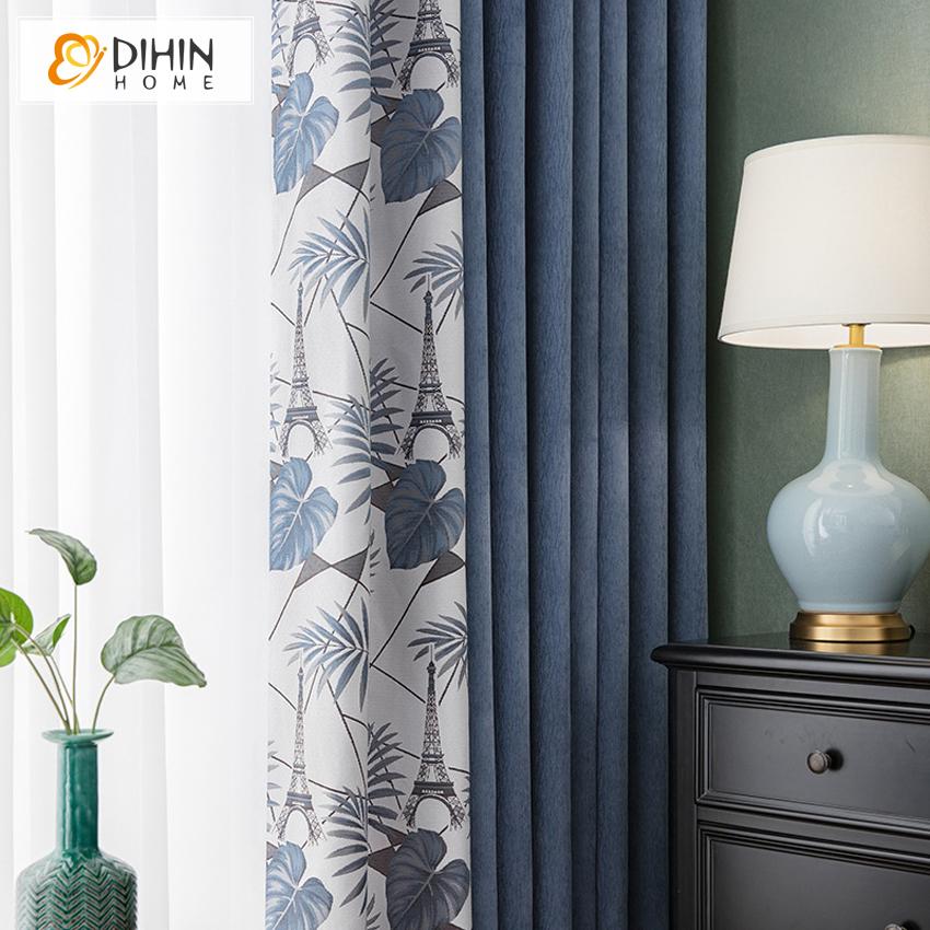 DIHIN HOME Pastoral Blue Color Leaves Printed,Blackout Grommet Window Curtain for Living Room ,52x63-inch,1 Panel