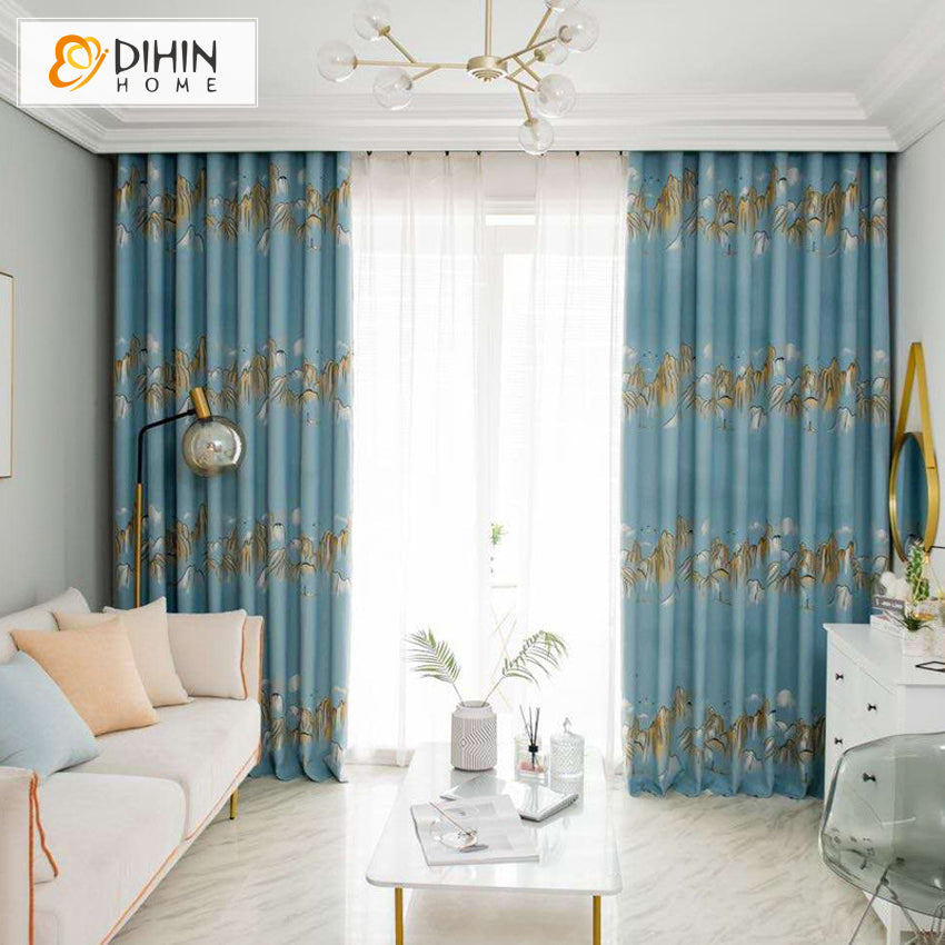 DIHIN HOME Pastoral Blue Color Mountain Printed,Blackout Grommet Window Curtain for Living Room ,52x63-inch,1 Panel