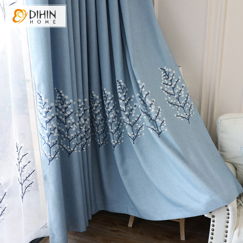 DIHINHOME Home Textile Pastoral Curtain DIHIN HOME Pastoral Blue Color Tree Embroidered,Blackout Grommet Window Curtain for Living Room ,52x63-inch,1 Panel