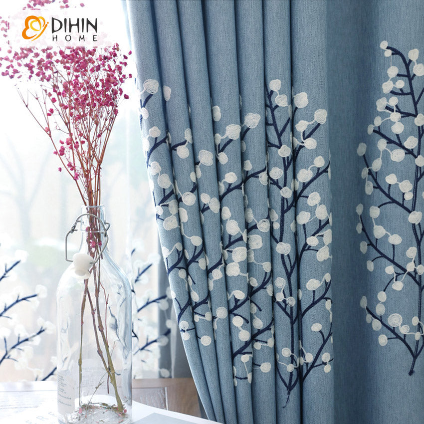 DIHINHOME Home Textile Pastoral Curtain DIHIN HOME Pastoral Blue Color Tree Embroidered,Blackout Grommet Window Curtain for Living Room ,52x63-inch,1 Panel