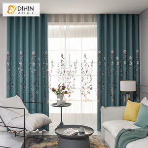 DIHIN HOME Pastoral Blue Flowers Embroidered Curtains,Grommet Window Curtain for Living Room,52x63-inch,1 Panel