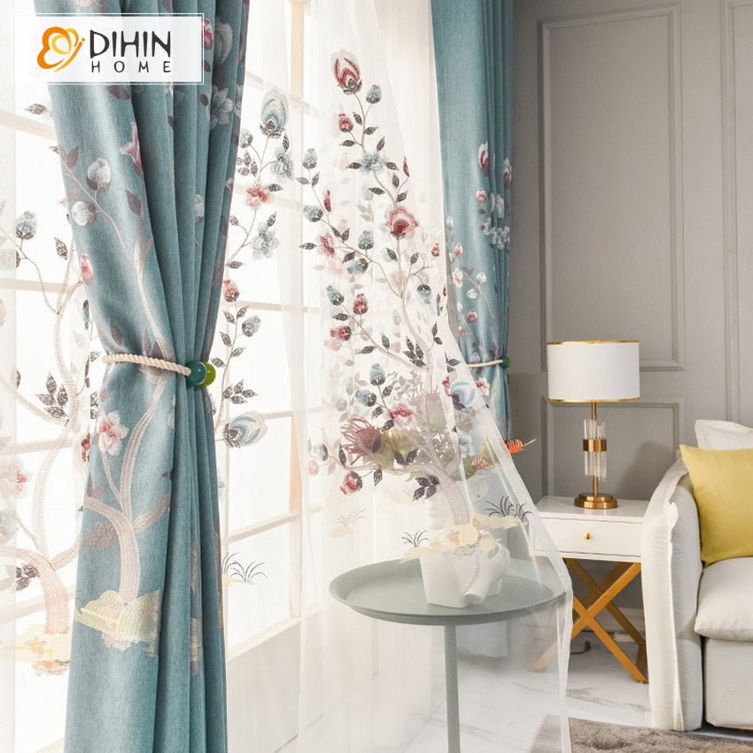DIHINHOME Home Textile Pastoral Curtain DIHIN HOME Pastoral Blue Flowers Embroidered Curtains,Grommet Window Curtain for Living Room,52x63-inch,1 Panel
