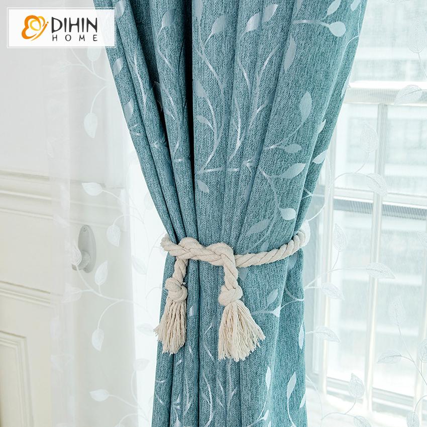 DIHIN HOME Pastoral Blue Leaves Embroidered Curtains,Blackout Grommet Window Curtain for Living Room ,52x63-inch,1 Panel