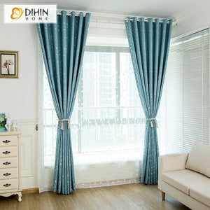 DIHIN HOME Pastoral Blue Leaves Embroidered Curtains,Blackout Grommet Window Curtain for Living Room ,52x63-inch,1 Panel