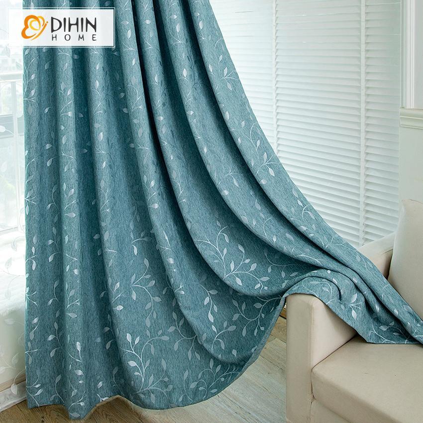 DIHIN HOME Pastoral Blue Leaves Embroidered Curtains,Blackout Grommet Window Curtain for Living Room ,52x63-inch,1 Panel