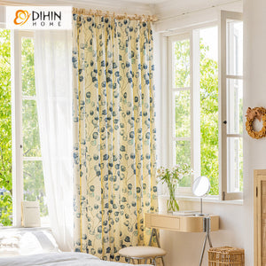 DIHINHOME Home Textile Pastoral Curtain DIHIN HOME Pastoral Blue Leaves Printed Curtain,Blackout Grommet Window Curtain for Living Room,1 Panel