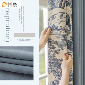 DIHINHOME Home Textile Pastoral Curtain DIHIN HOME Pastoral Blue Printed,Blackout Grommet Window Curtain for Living Room ,52x63-inch,1 Panel