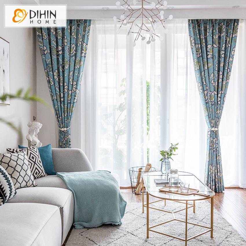 DIHIN HOME Pastoral Blue Printed Curtains ,Blackout Grommet Window Curtain for Living Room ,52x63-inch,1 Panel