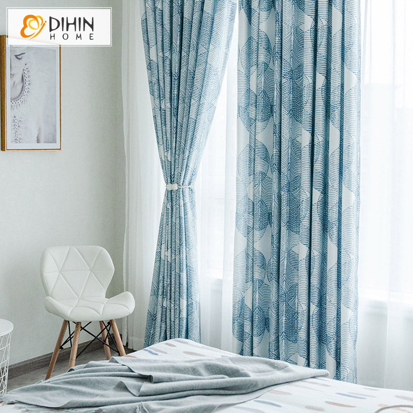 DIHINHOME Home Textile Pastoral Curtain DIHIN HOME Pastoral Blue Small Leaves Printed Curtains,Grommet Window Curtain for Living Room ,52x63-inch,1 Panel