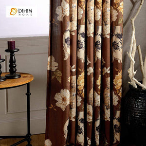 DIHINHOME Home Textile Pastoral Curtain DIHIN HOME Pastoral Brown Printed Curtain ,Cotton Linen ,Blackout Grommet Window Curtain for Living Room ,52x63-inch,1 Panel