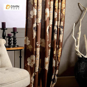 DIHINHOME Home Textile Pastoral Curtain DIHIN HOME Pastoral Brown Printed Curtain ,Cotton Linen ,Blackout Grommet Window Curtain for Living Room ,52x63-inch,1 Panel