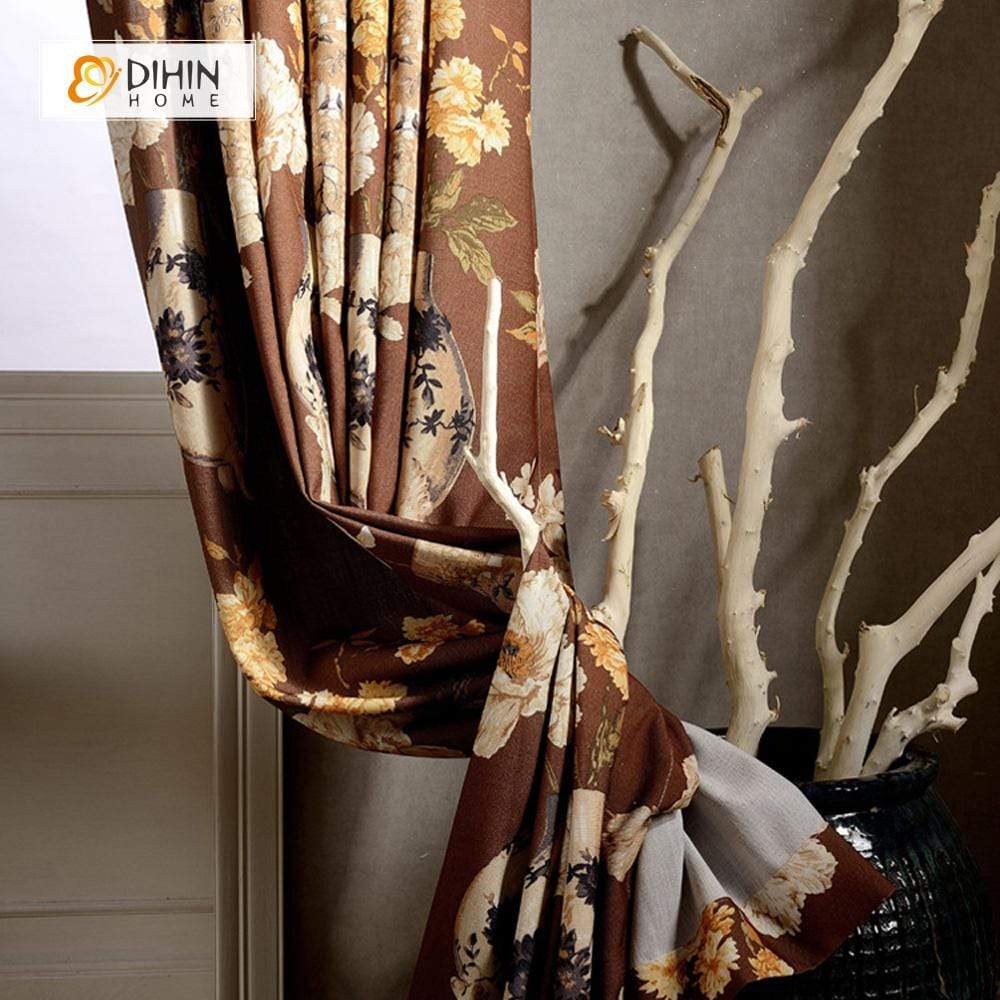 DIHINHOME Home Textile Pastoral Curtain DIHIN HOME Pastoral Brown Printed Curtain ,Cotton Linen ,Blackout Grommet Window Curtain for Living Room ,52x63-inch,1 Panel