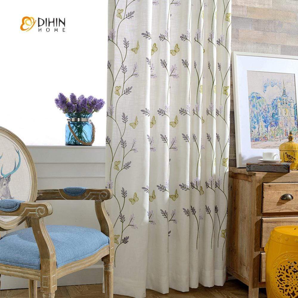 DIHINHOME Home Textile Pastoral Curtain DIHIN HOME Pastoral Butterfly Embroidered Curtain ,Cotton Linen ,Blackout Grommet Window Curtain for Living Room ,52x63-inch,1 Panel