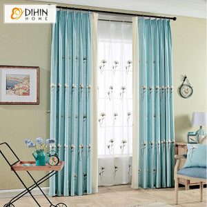 DIHINHOME Home Textile Pastoral Curtain DIHIN HOME Pastoral Cotton Linen Blue Color White Kapok Embroidered ,Blackout Grommet Window Curtain for Living Room ,52x63-inch,1 Panel