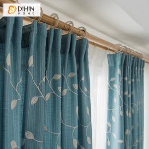 DIHINHOME Home Textile Pastoral Curtain DIHIN HOME Pastoral Cotton Linen Blue Color White Leaves Embroidered,Blackout Grommet Window Curtain for Living Room ,52x63-inch,1 Panel
