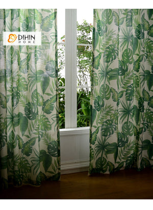 DIHINHOME Home Textile Pastoral Curtain DIHIN HOME Pastoral Cotton Linen Green Banana Tree Leaves Printed Blackout Grommet Window Curtain for Living Room ,52x63-inch,1 Panel