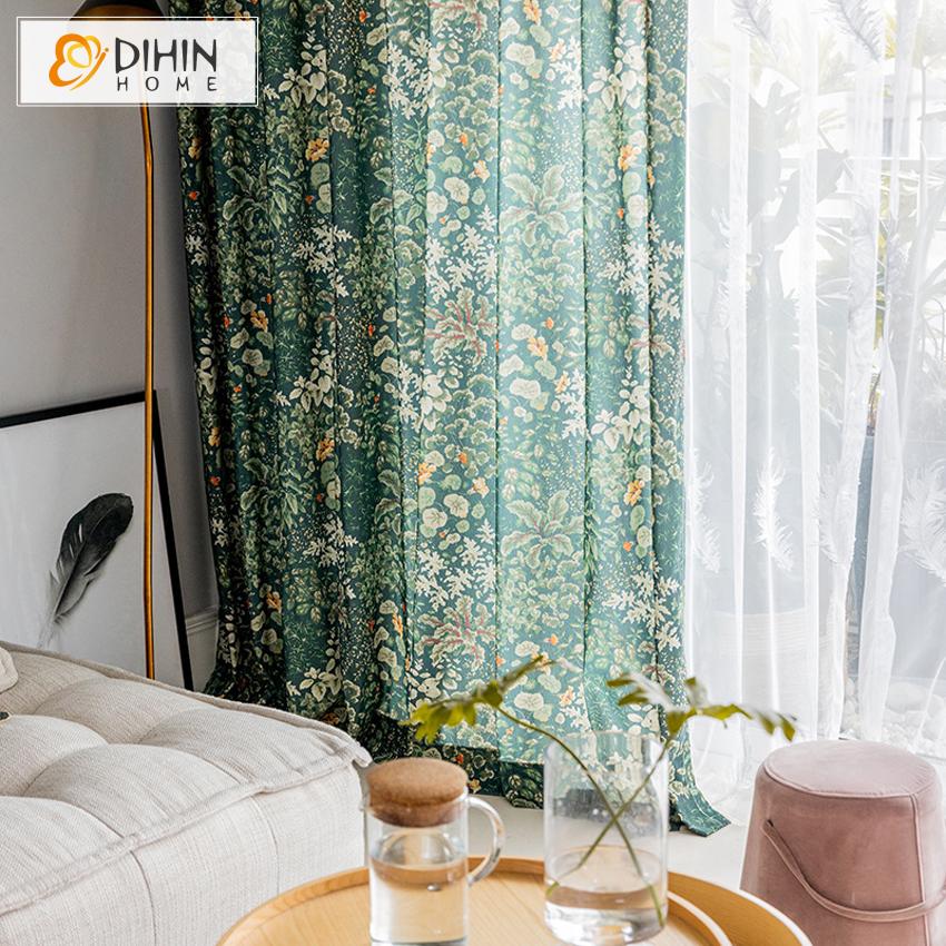 DIHIN HOME Pastoral Cotton Linen Green Plants Printed Curtain,Half Blackout Curtains Grommet Window Curtain for Living Room ,52x84-inch,1 Panel