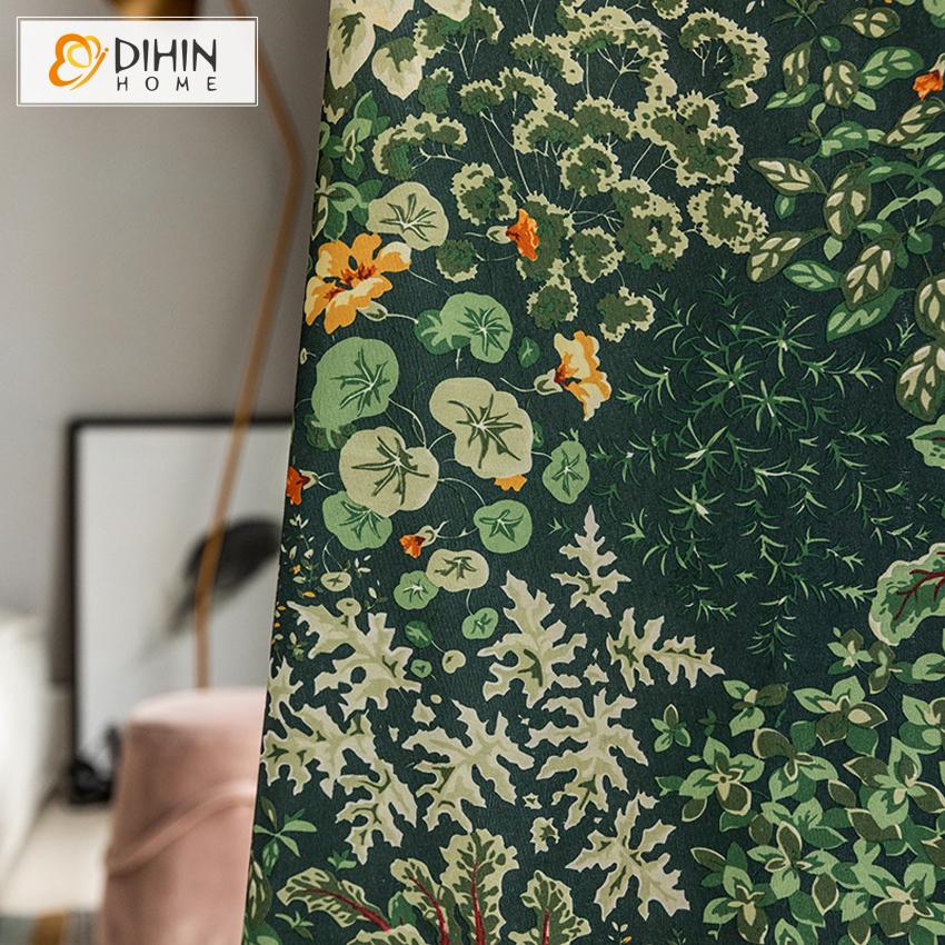 DIHIN HOME Pastoral Cotton Linen Green Plants Printed Curtain,Half Blackout Curtains Grommet Window Curtain for Living Room ,52x84-inch,1 Panel