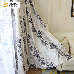 DIHIN HOME Pastoral Cotton Linen Leaves Printed,Blackout Grommet Window Curtain for Living Room,1 Panel