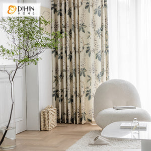DIHIN HOME Pastoral Cotton Linen Leaves Printed Curtains,Grommet Window Curtain for Living Room ,52x63-inch,1 Panel