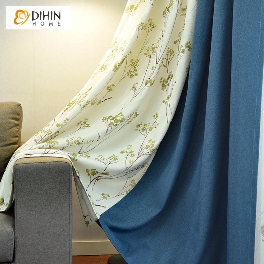 DIHIN HOME Pastoral Cotton Linen Plants Printed,Blackout Grommet Window Curtain for Living Room ,52x63-inch,1 Panel