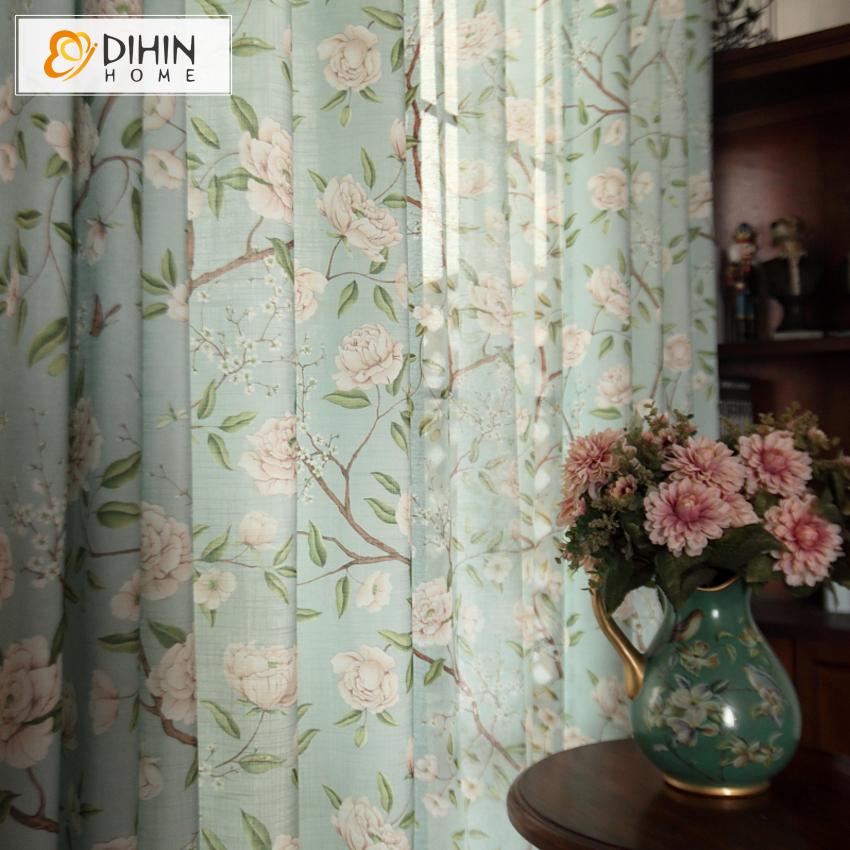 DIHIN HOME Pastoral Cotton Linen Printed Flowers,Blackout Curtains Grommet Window Curtain for Living Room ,52x63-inch,1 Panel