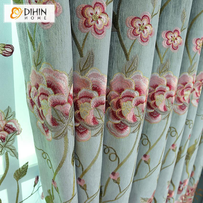 DIHIN HOME Pastoral Customized Curtain Embroidered Valance ,Blackout Curtains Grommet Window Curtain for Living Room ,52x84-inch,1 Panel