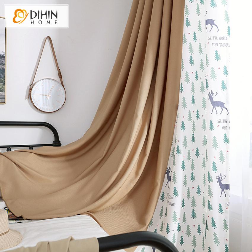 DIHIN HOME Pastoral Deer Printed Spliced Curtains，Blackout Grommet Window Curtain for Living Room ,52x63-inch,1 Panel