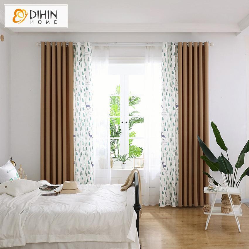 DIHIN HOME Pastoral Deer Printed Spliced Curtains，Blackout Grommet Window Curtain for Living Room ,52x63-inch,1 Panel