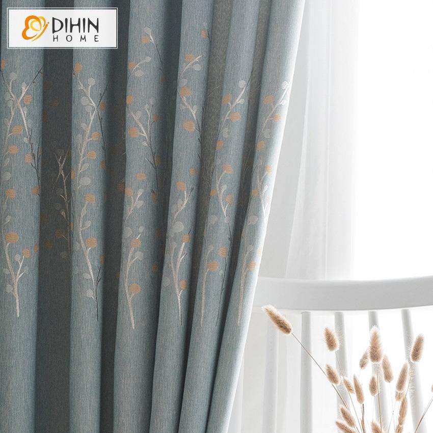 DIHIN HOME Pastoral Embroidered Tree Pattern Cotton / Linen Printed,Blackout Grommet Window Curtain for Living Room ,52x63-inch,1 Panel