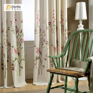 DIHINHOME Home Textile Pastoral Curtain DIHIN HOME Pastoral Flower Embroidered Curtain ,Cotton Linen ,Blackout Grommet Window Curtain for Living Room ,52x63-inch,1 Panel