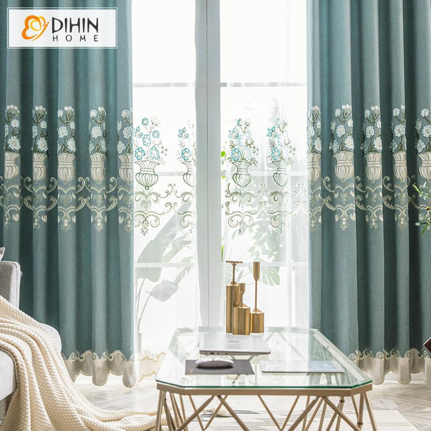 DIHIN HOME Pastoral Flowers Bonsai Cotton Linen Embroidered Curtain,Blackout Curtains Grommet Window Curtain for Living Room ,52x84-inch,1 Panel