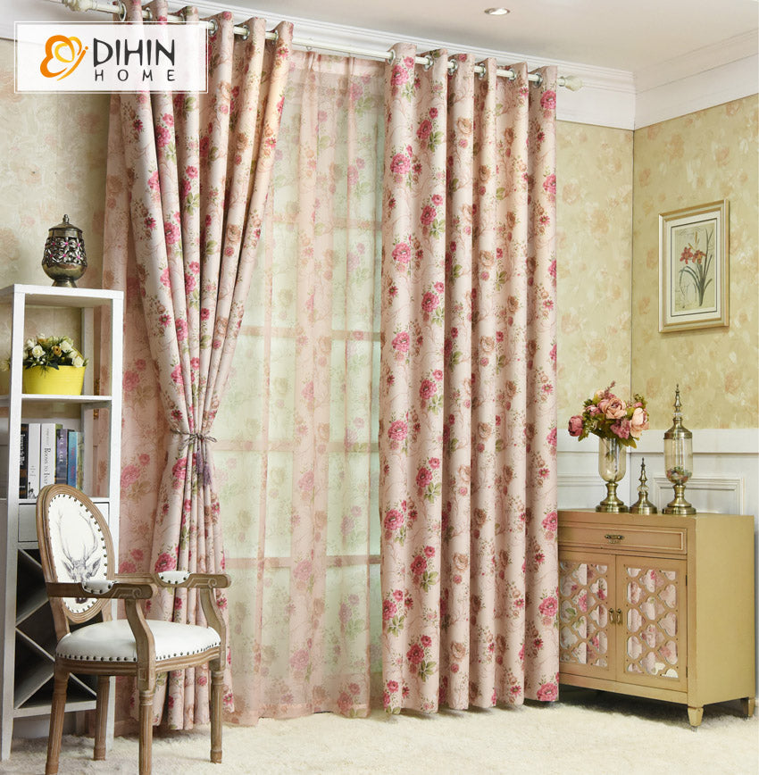 DIHIN HOME Pastoral Flowers Printed,Blackout Curtains Grommet Window Curtain for Living Room,52x63-inch,1 Panel