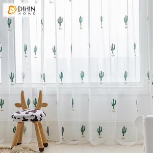 DIHIN HOME Pastoral Green Cactus Embroidered ,Blackout Grommet Window Curtain for Living Room ,52x63-inch,1 Panel