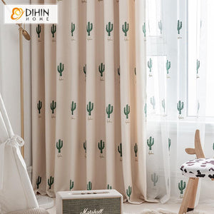 DIHIN HOME Pastoral Green Cactus Embroidered ,Blackout Grommet Window Curtain for Living Room ,52x63-inch,1 Panel