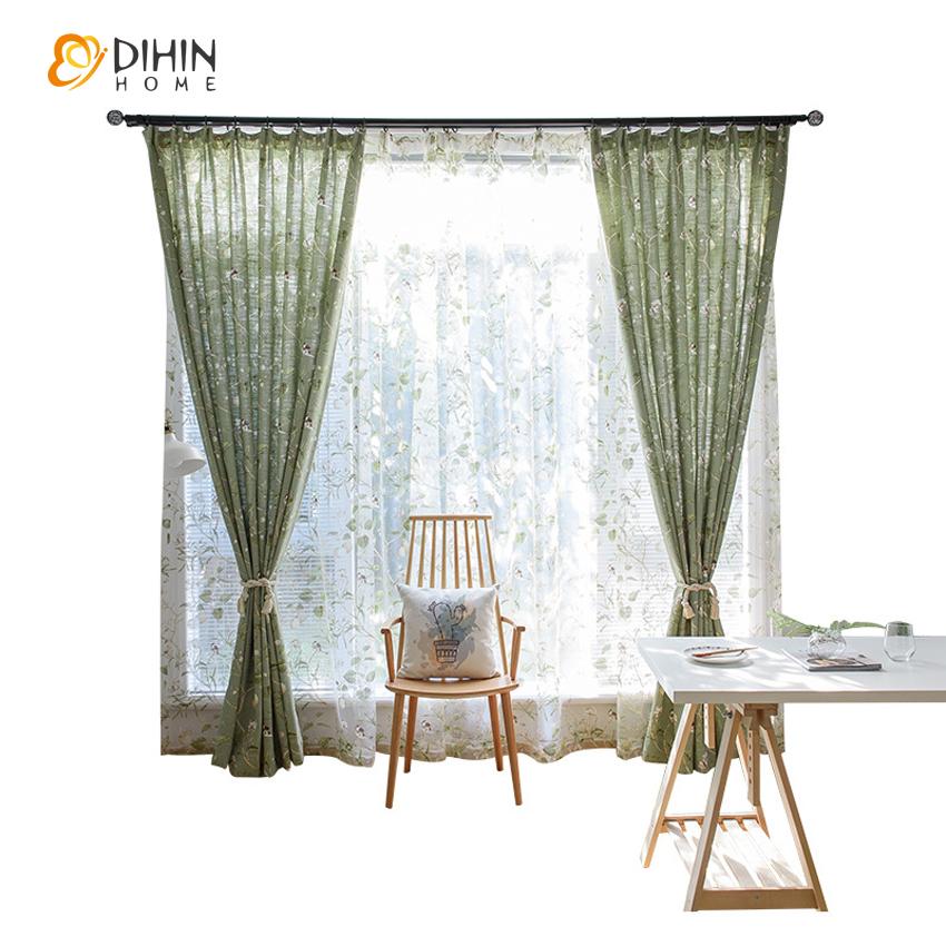 DIHIN HOME Pastoral Green Cotton Linen Curtains Printed,Blackout Grommet Window Curtain for Living Room ,52x63-inch,1 Panel